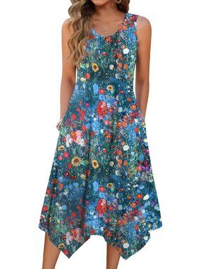 🆕Women's Multi Blue Summer Tank Dress Loose Flowy Beach Dress  Flare Midi Dress